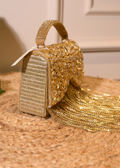 Golden Boxy Stud & Tassel Bag with Handle