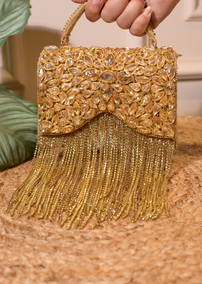 Golden Boxy Stud & Tassel Bag with Handle