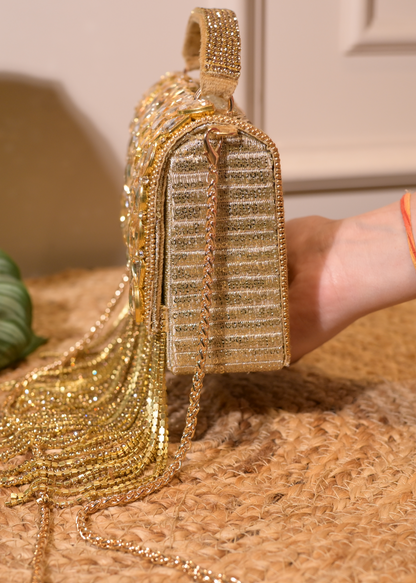 Golden Boxy Stud & Tassel Bag with Handle