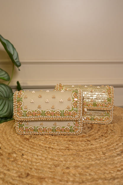 Beige Bead Embroidered Clutch Bag