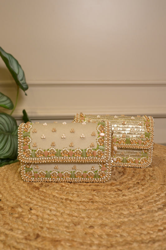 Beige Bead Embroidered Clutch Bag