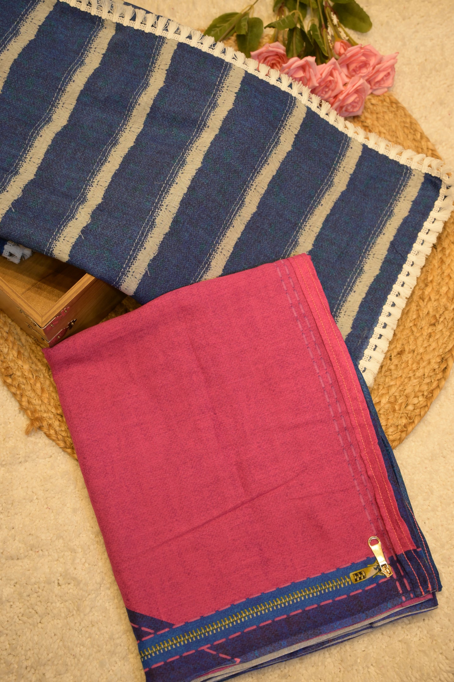 Yami Navy Blue Cotton Saree with Unstitched Blouse