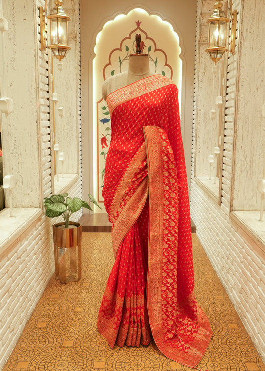 Ruhani Red Booti Embroidered Dola Silk Saree with Unstitched Blouse