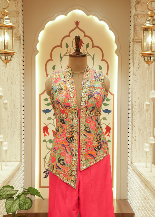 Noori Pink Asymmetric Jacket Sharara Set