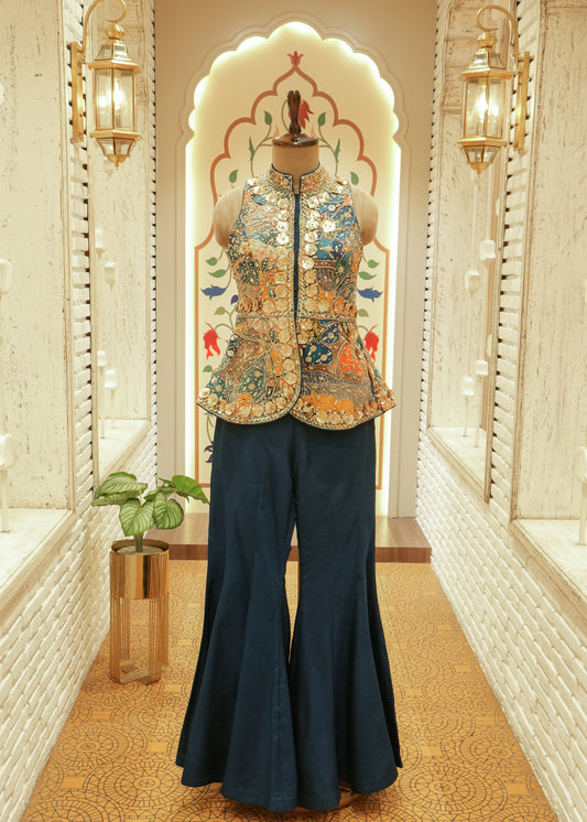 Noori Peacock Blue Short Kurti Sharara Set