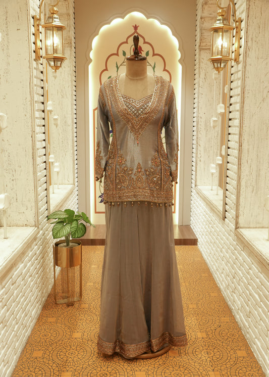 Inaya Slate Grey Tissue Kurti Sharara Set