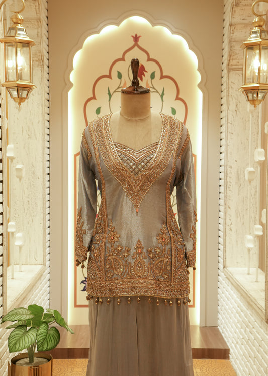 Inaya Slate Grey Tissue Kurti Sharara Set