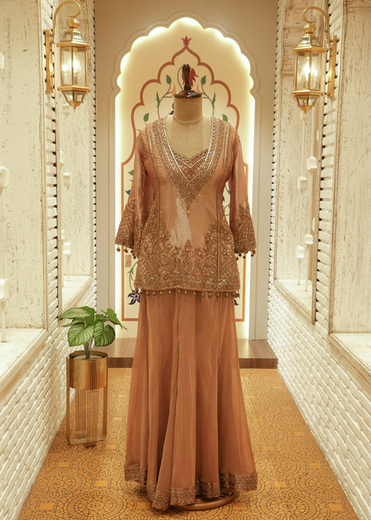 Inaya Rose Gold Tissue Kurti Sharara Set