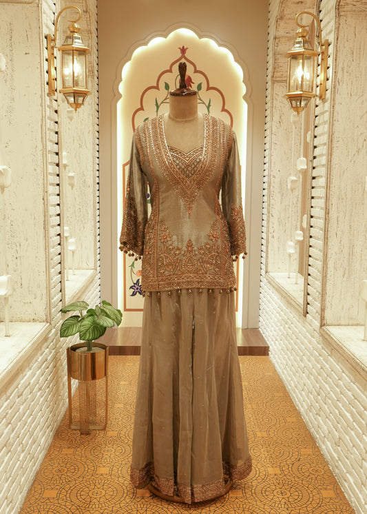 Inaya Muted Bronze Tissue Kurti Sharara Set
