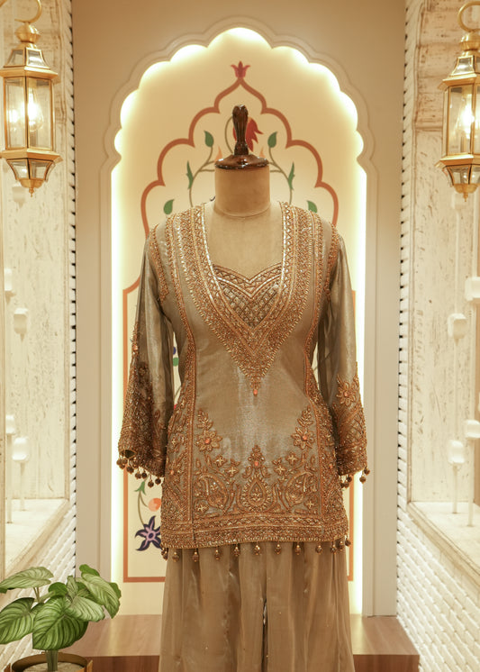 Inaya Muted Bronze Tissue Kurti Sharara Set