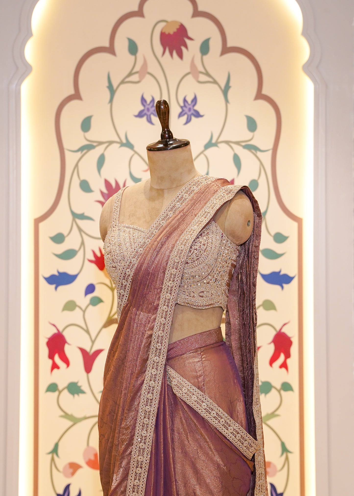 Dusty Peach Crush Tissue Drape Saree with Embroidered Blouse