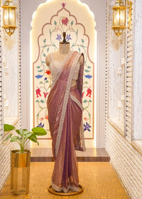 Dusty Peach Crush Tissue Drape Saree with Embroidered Blouse