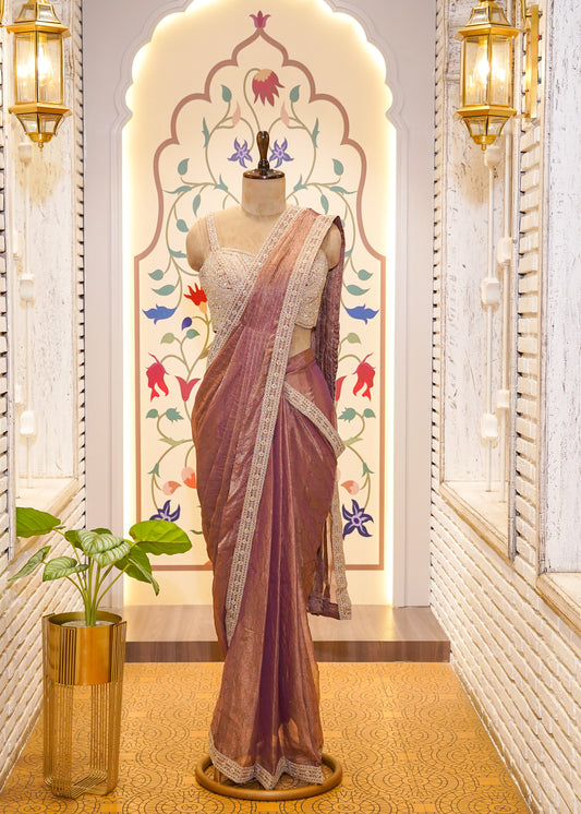 Dusty Peach Crush Tissue Drape Saree with Embroidered Blouse