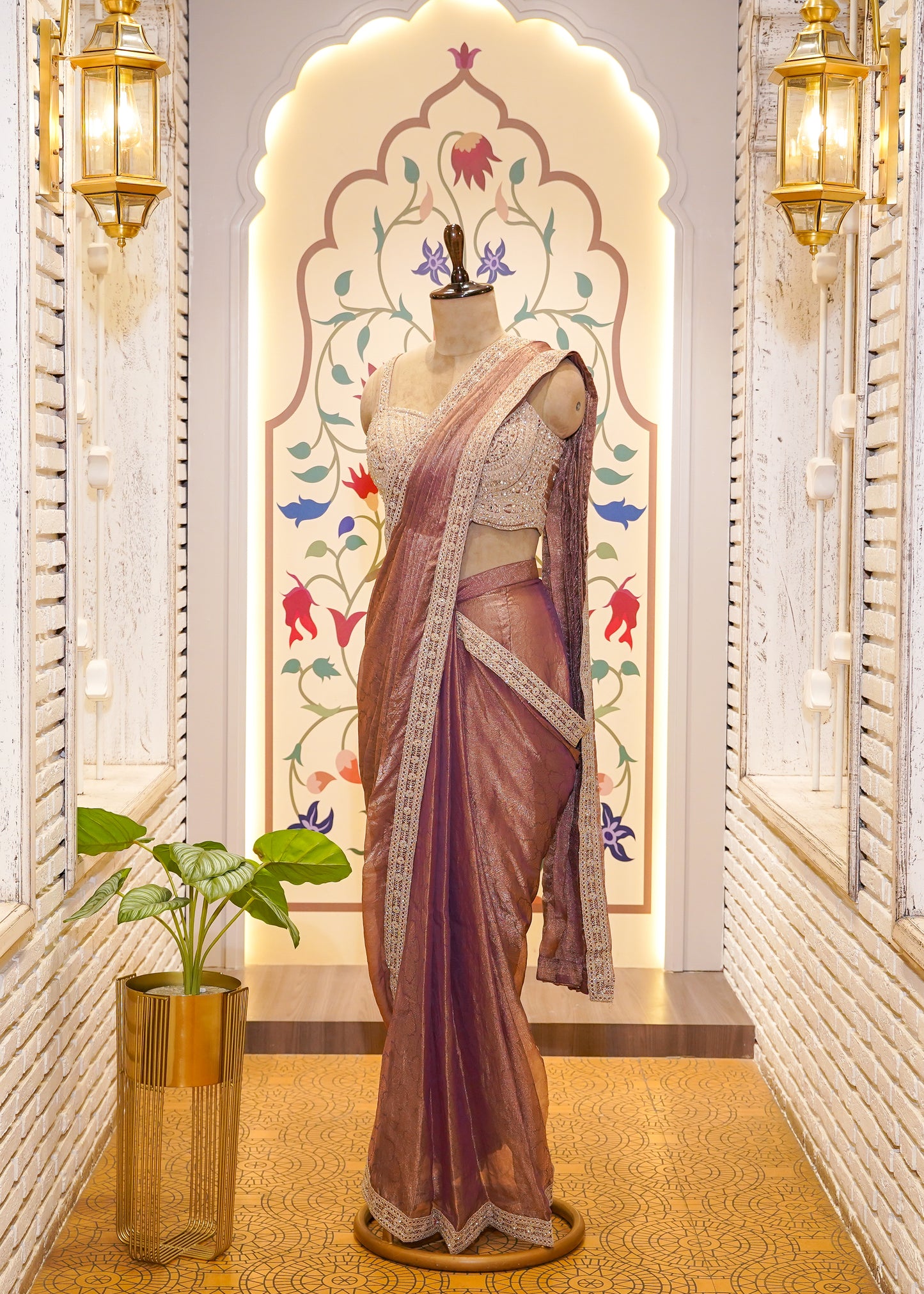 Dusty Peach Crush Tissue Drape Saree with Embroidered Blouse