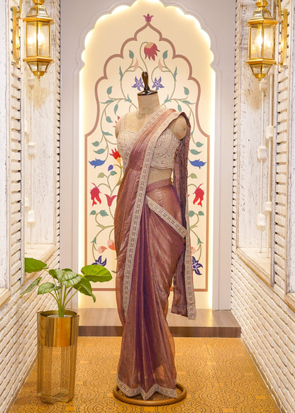 Dusty Peach Crush Tissue Drape Saree with Embroidered Blouse
