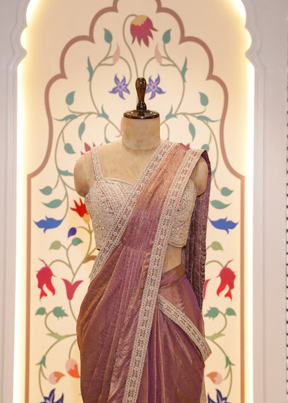 Dusty Peach Crush Tissue Drape Saree with Embroidered Blouse
