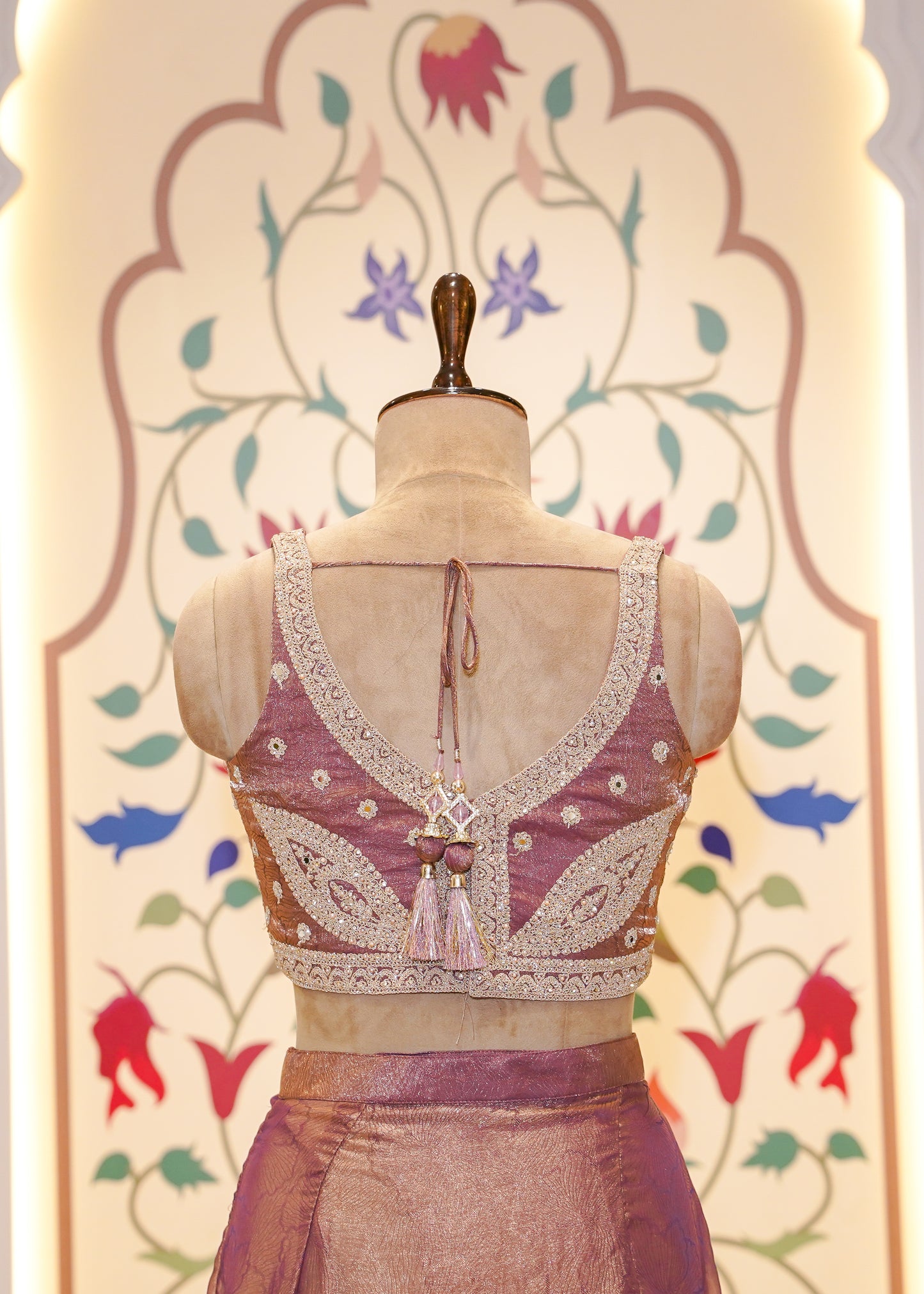 Dusty Peach Crush Tissue Drape Saree with Embroidered Blouse