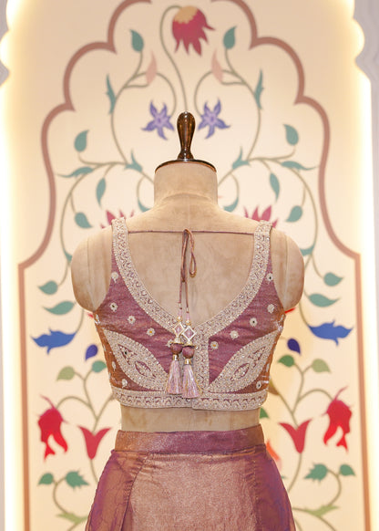 Dusty Peach Crush Tissue Drape Saree with Embroidered Blouse