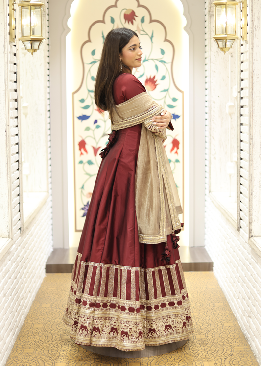 Kashish Maroon Anarkali with Tissue Dupatta