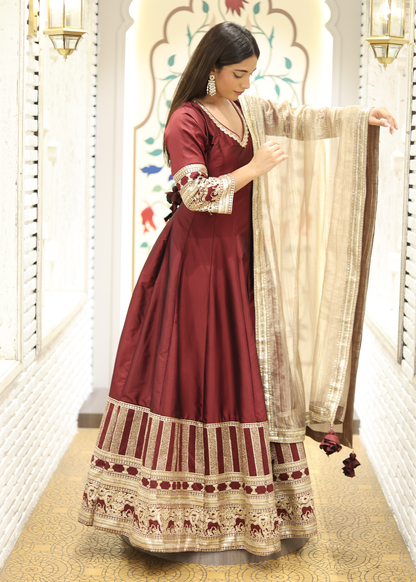 Kashish Maroon Anarkali with Tissue Dupatta