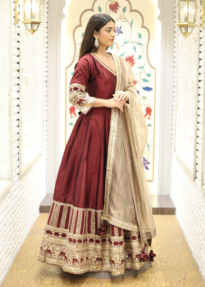 Kashish Maroon Anarkali with Tissue Dupatta