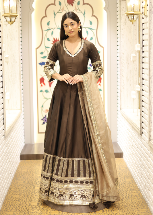 Kashish Mocha Anarkali with Tissue Dupatta