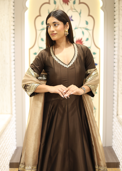 Kashish Mocha Anarkali with Tissue Dupatta