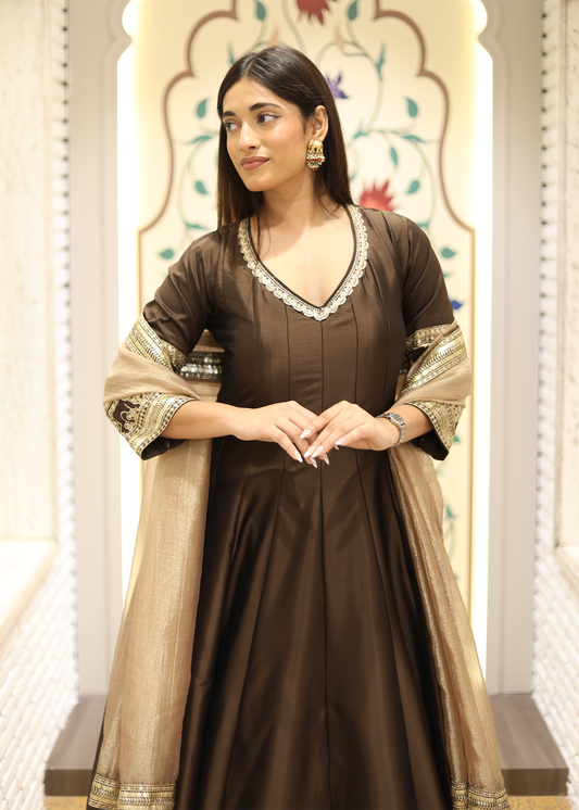 Kashish Mocha Anarkali with Tissue Dupatta