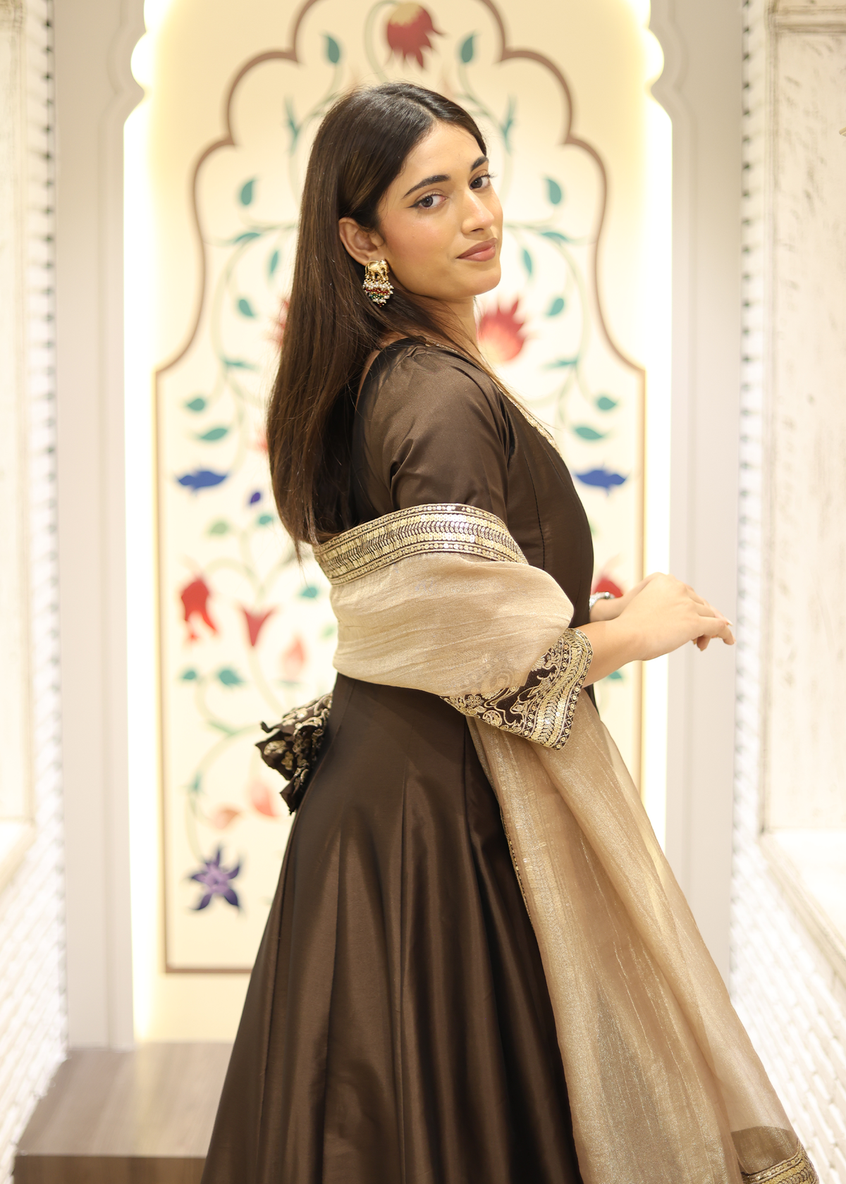 Kashish Mocha Anarkali with Tissue Dupatta