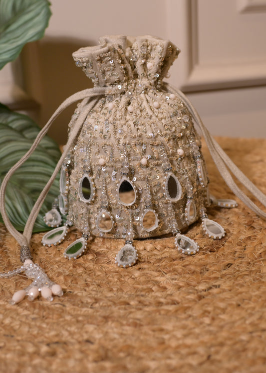 Ivory Mirror Tassel Potli