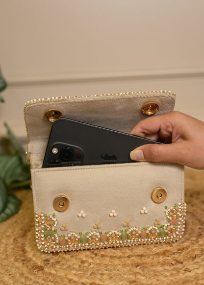 Beige Bead Embroidered Clutch Bag