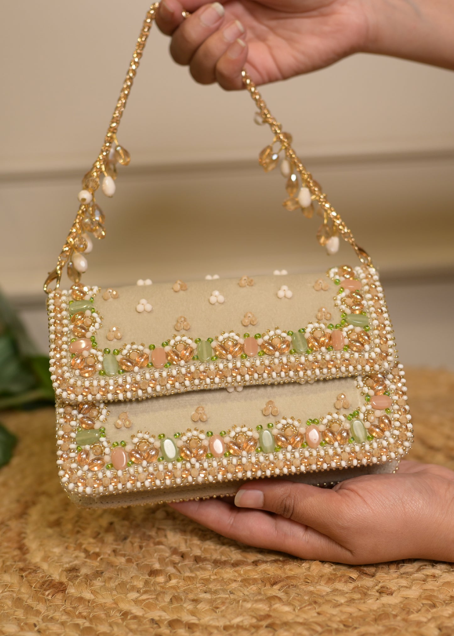 Beige Bead Embroidered Clutch Bag
