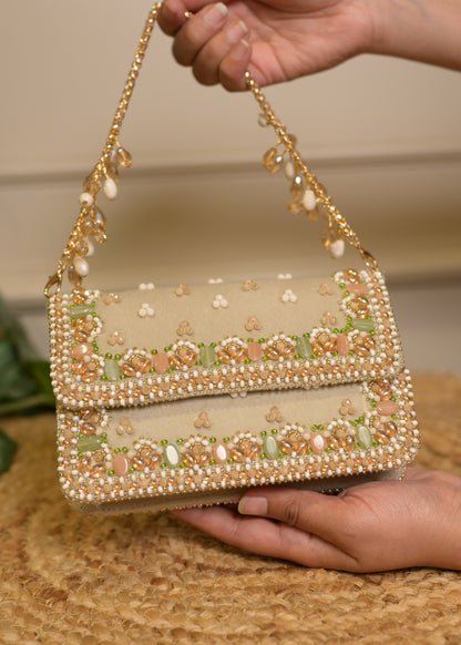 Beige Bead Embroidered Clutch Bag