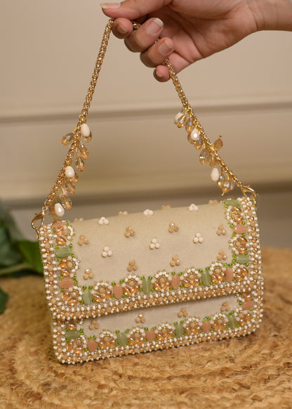 Beige Bead Embroidered Clutch Bag