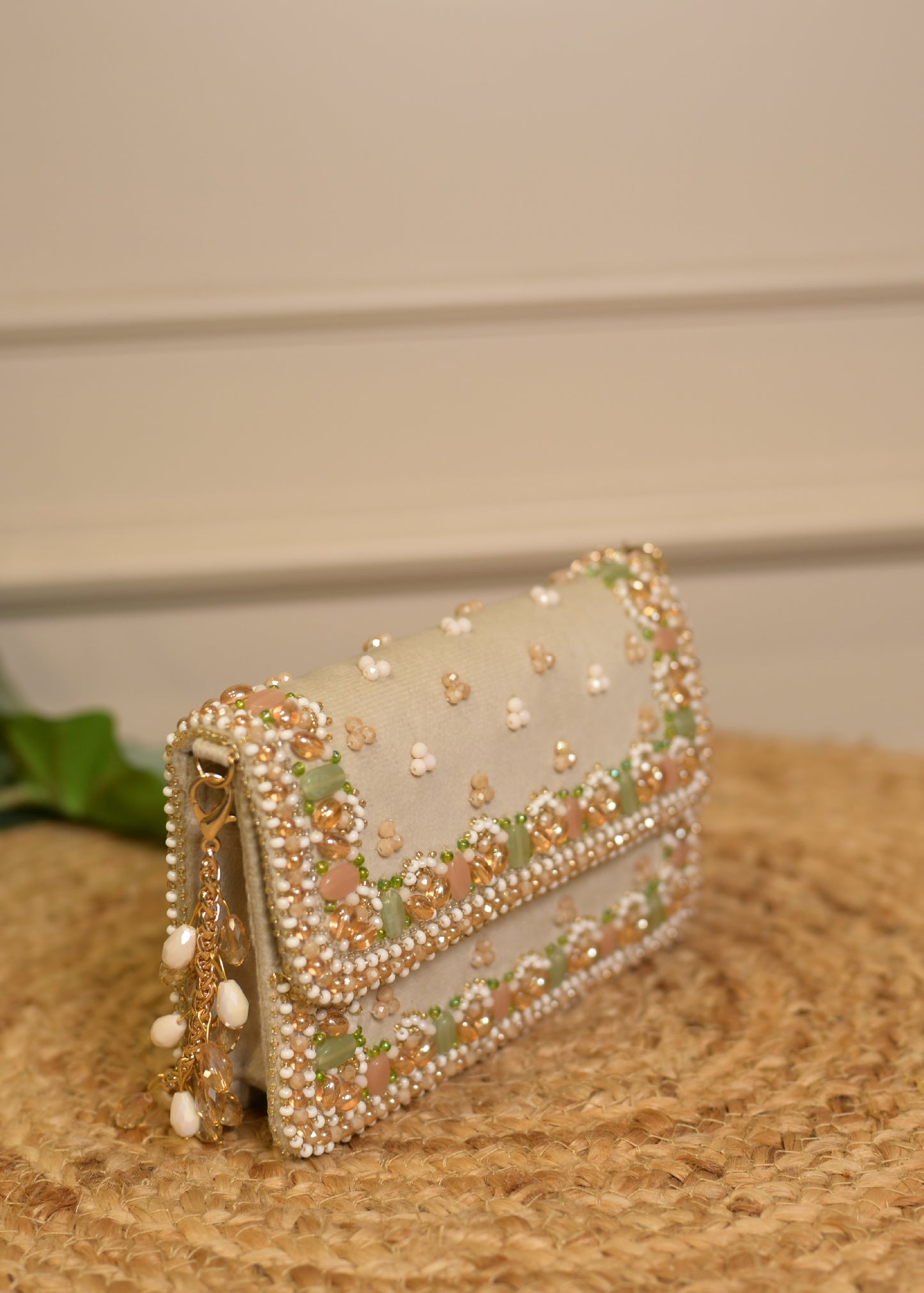 Beige Bead Embroidered Clutch Bag