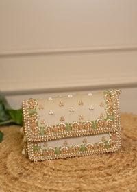 Beige Bead Embroidered Clutch Bag
