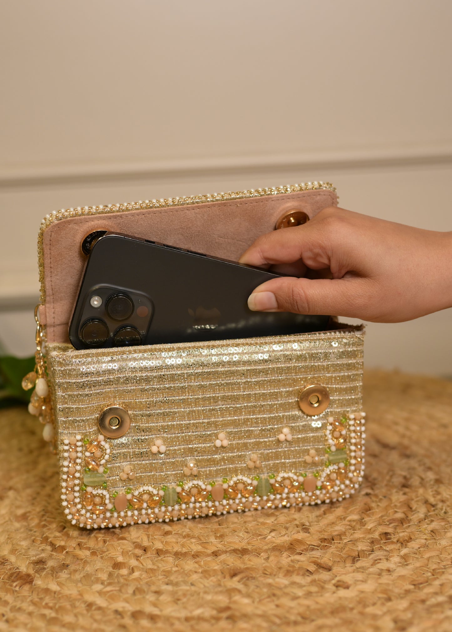 Shimmer Gold Bead Embroidered Clutch Bag