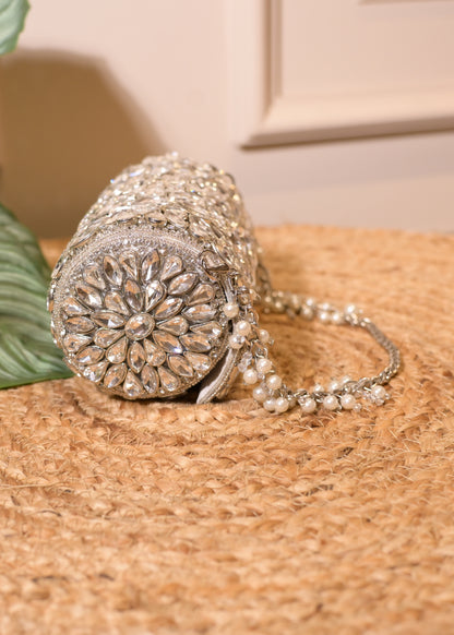 Silver Cylindrcal Studded Clutch Bag