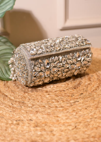 Silver Cylindrcal Studded Clutch Bag