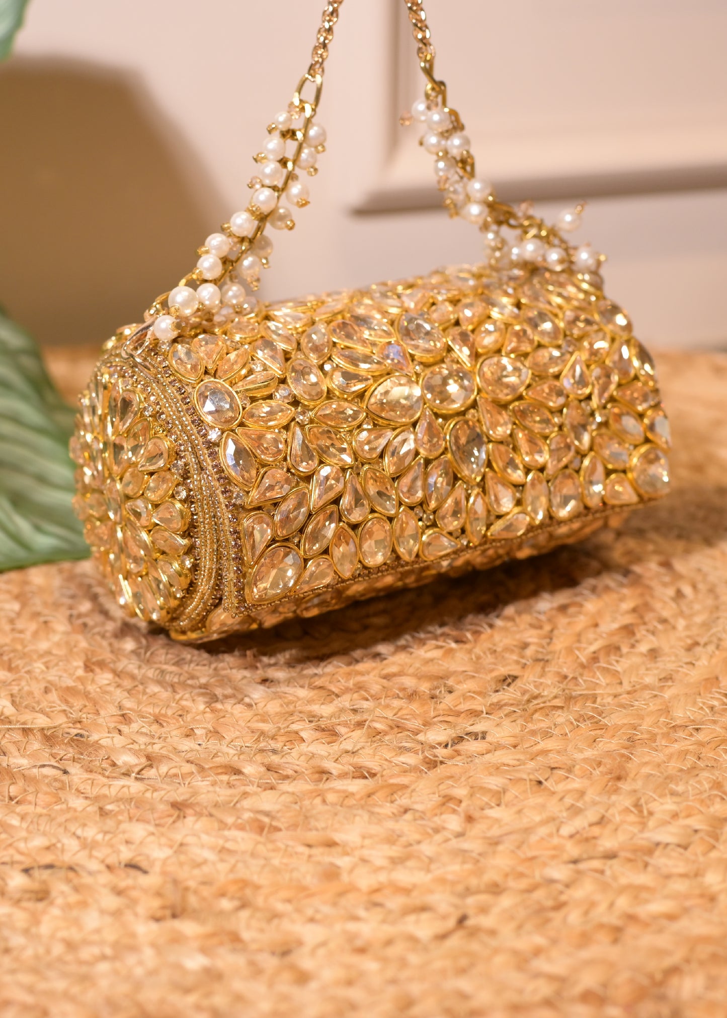 Golden Cylindrcal Studded Clutch Bag