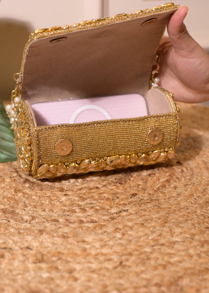 Golden Cylindrcal Studded Clutch Bag