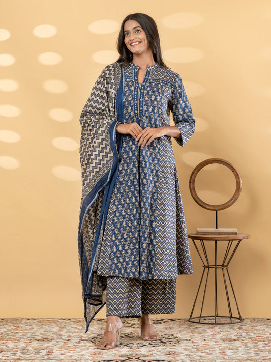 Nilakshi Blue Dabu Cotton Stitched Suit Set